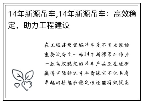 14年新源吊车,14年新源吊车：高效稳定，助力工程建设